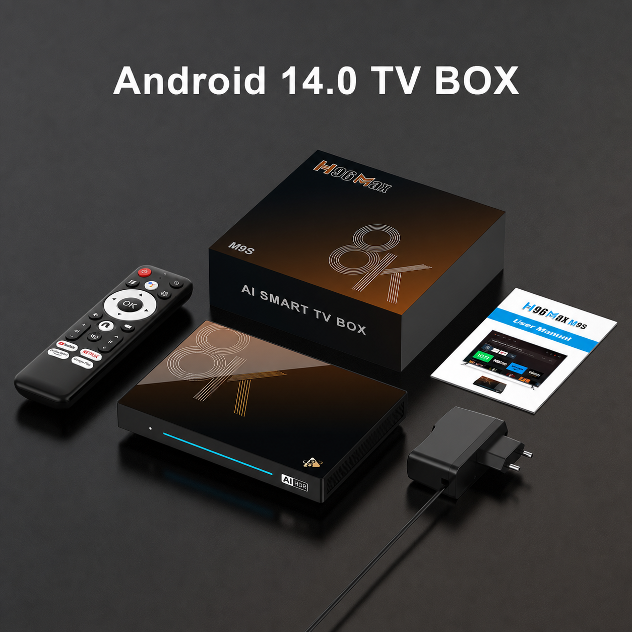 Complete JOYVO 8K Smart TV Box kit with device, remote, package and power adapter